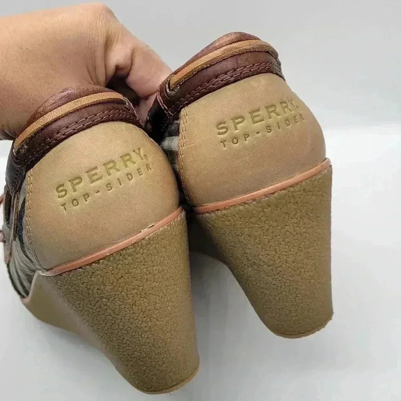 Sperry Top-Sider Wedge Heels Blue Plaid "Goldfish" Size 7.5 M Brown Leather - Picture 7 of 11